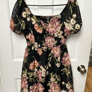 Macy’s Lily Rose Black/Pink Flowered Off-Shoulder Puff Sleeve Mini Dress